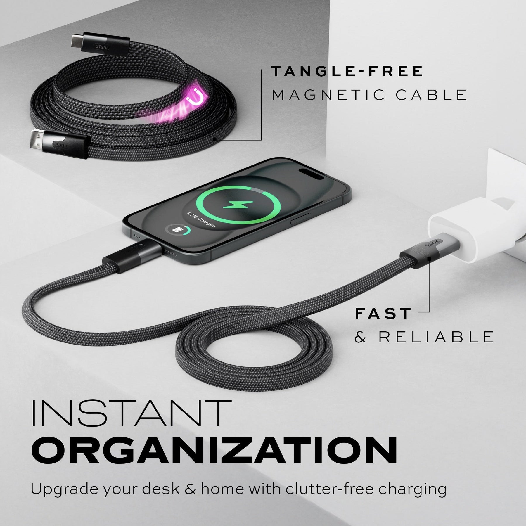 Statik® MagStack Slim | Tangle-Free Magnetic Nylon | Charge & Data Cable
