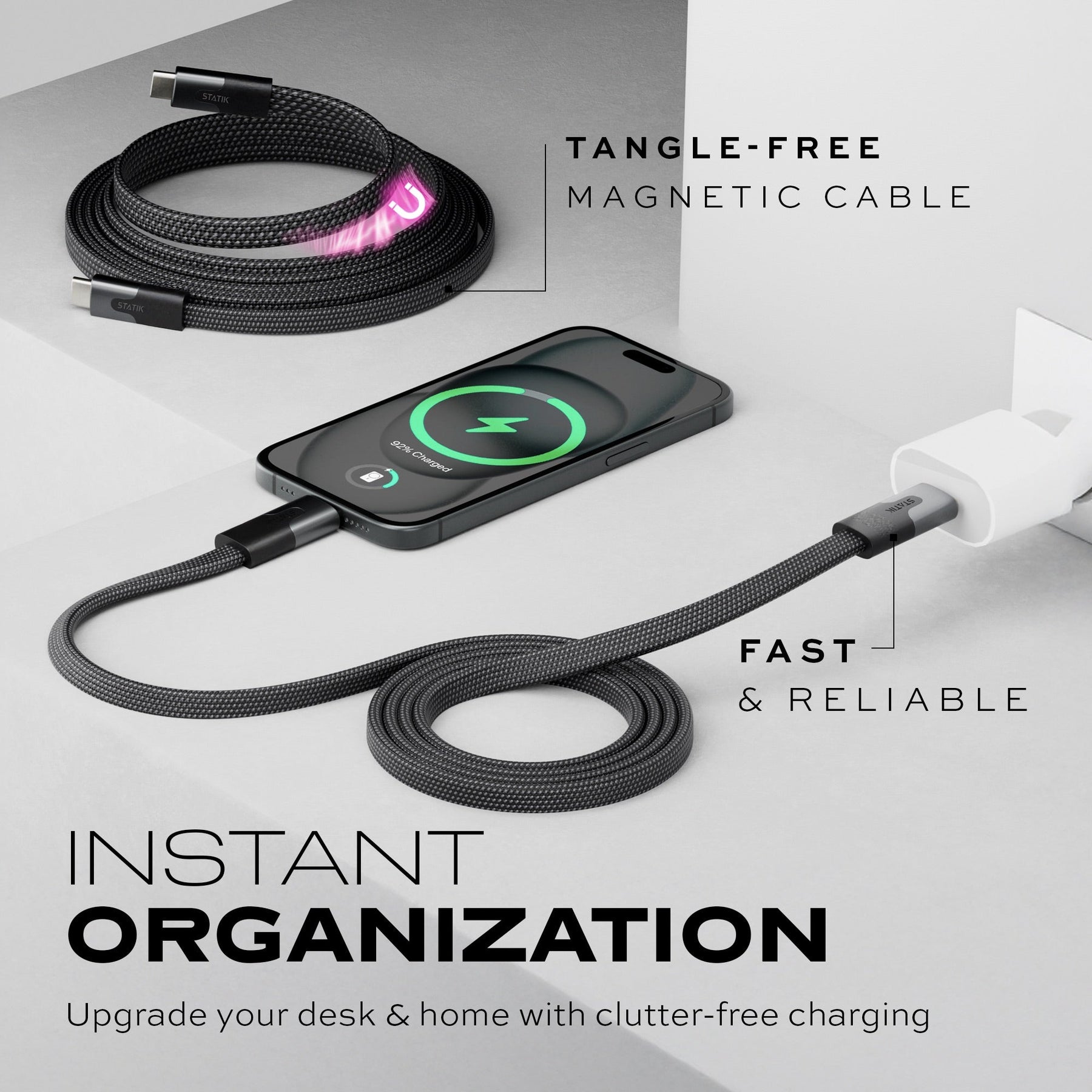 Statik® MagStack Slim Pro | Tangle-Free Magnetic Nylon | Fast Charging Data Cable
